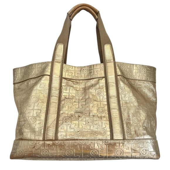 Tory Burch Golden Metallic Travel Tote Bag leather embossed logo lined - Picture 2 of 16